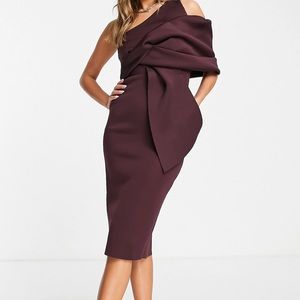 ASOS DESIGN peekaboo shoulder tuck midi pencil dress in aubergine